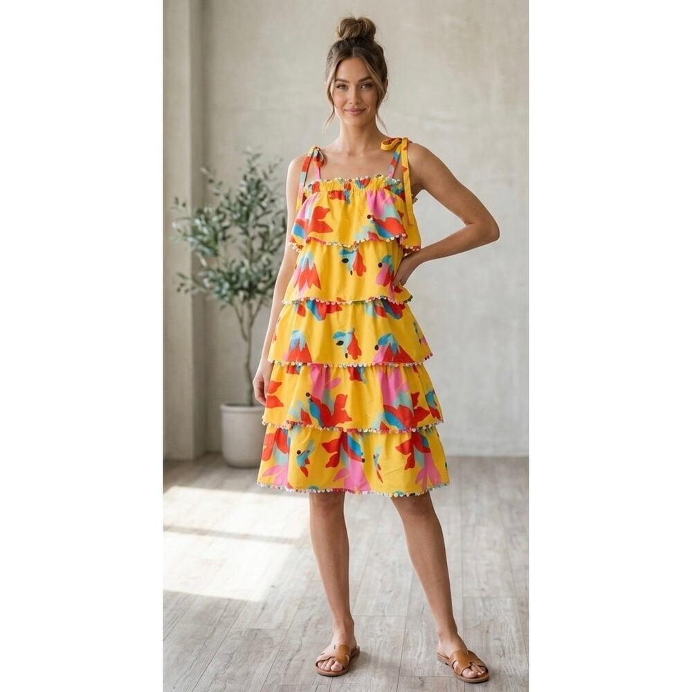 Crosby by Mollie Burch Yellow Tiered Dresss Scalloped Edge Maximalist Resort M